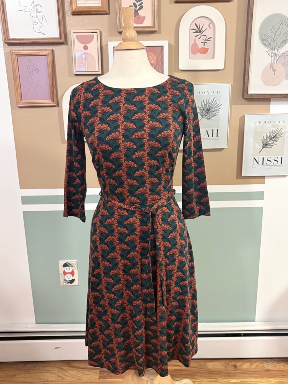 King Louie Betty Noushh Day Dress Green & Rust Patterned Fit-and-Flare